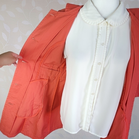 Tulle Retro Mod Peter Pan Collar Lightweight Cotton Canvas Long Jacket Coral - Picture 13 of 16